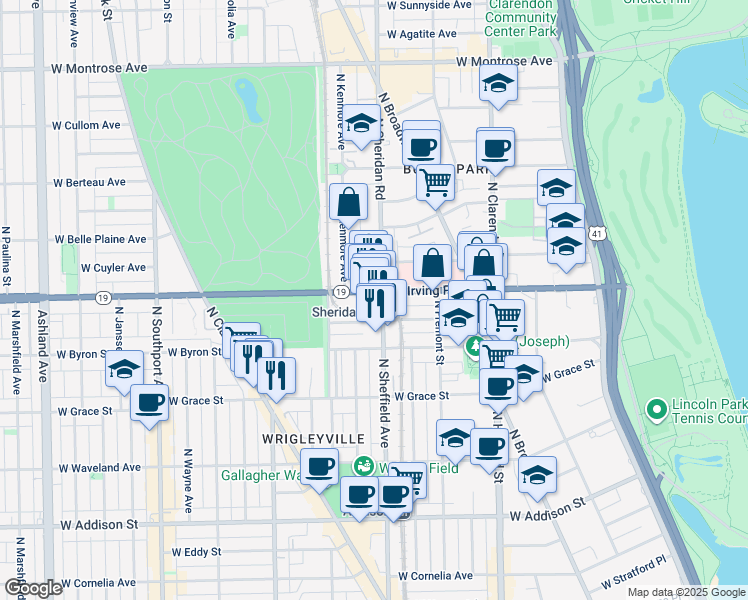 map of restaurants, bars, coffee shops, grocery stores, and more near 1022 West Dakin Street in Chicago