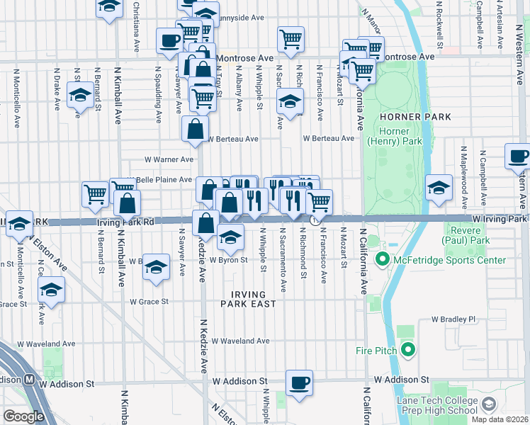 map of restaurants, bars, coffee shops, grocery stores, and more near 3024 West Irving Park Road in Chicago