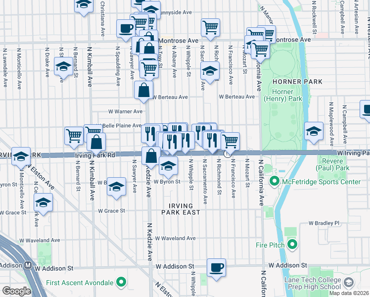 map of restaurants, bars, coffee shops, grocery stores, and more near 4035 North Albany Avenue in Chicago