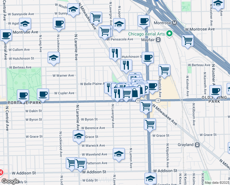 map of restaurants, bars, coffee shops, grocery stores, and more near 4937 West Belle Plaine Avenue in Chicago