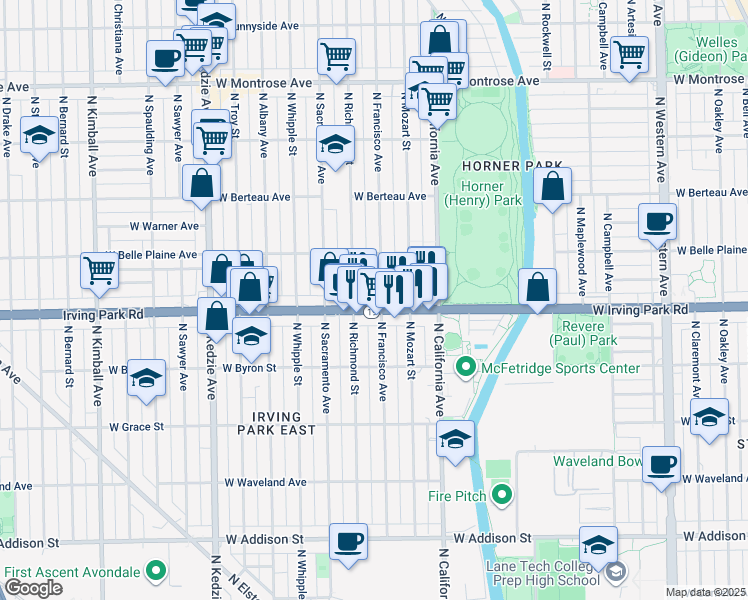 map of restaurants, bars, coffee shops, grocery stores, and more near 4031 North Francisco Avenue in Chicago
