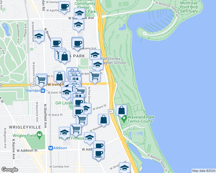 map of restaurants, bars, coffee shops, grocery stores, and more near 3981 North Lake Shore Drive in Chicago