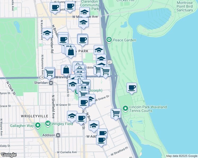 map of restaurants, bars, coffee shops, grocery stores, and more near 655 West Irving Park Road in Chicago