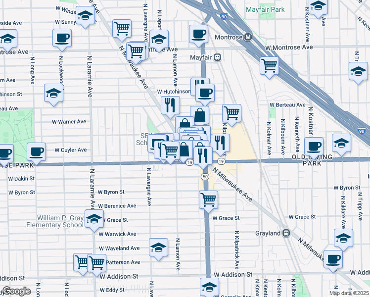 map of restaurants, bars, coffee shops, grocery stores, and more near 4050 North Milwaukee Avenue in Chicago