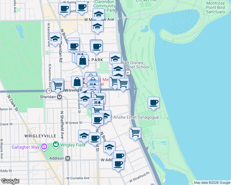 map of restaurants, bars, coffee shops, grocery stores, and more near 655 West Irving Park Road in Chicago