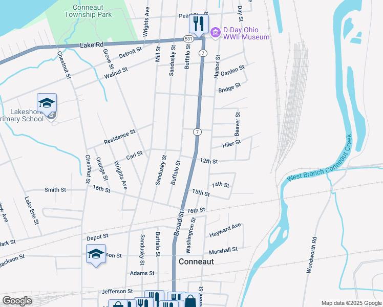 map of restaurants, bars, coffee shops, grocery stores, and more near 649 Broad Street in Conneaut