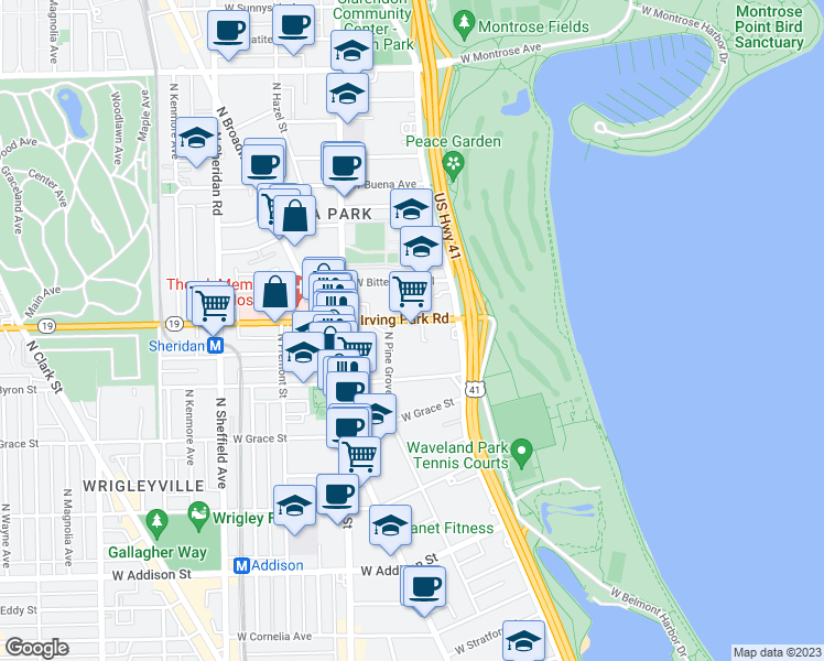 map of restaurants, bars, coffee shops, grocery stores, and more near 640 West Irving Park Road in Chicago