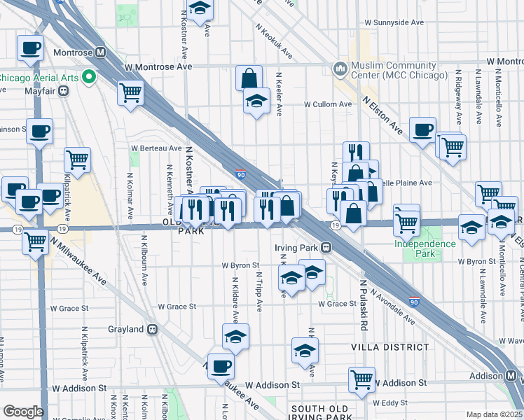 map of restaurants, bars, coffee shops, grocery stores, and more near 4100 North Keeler Avenue in Chicago