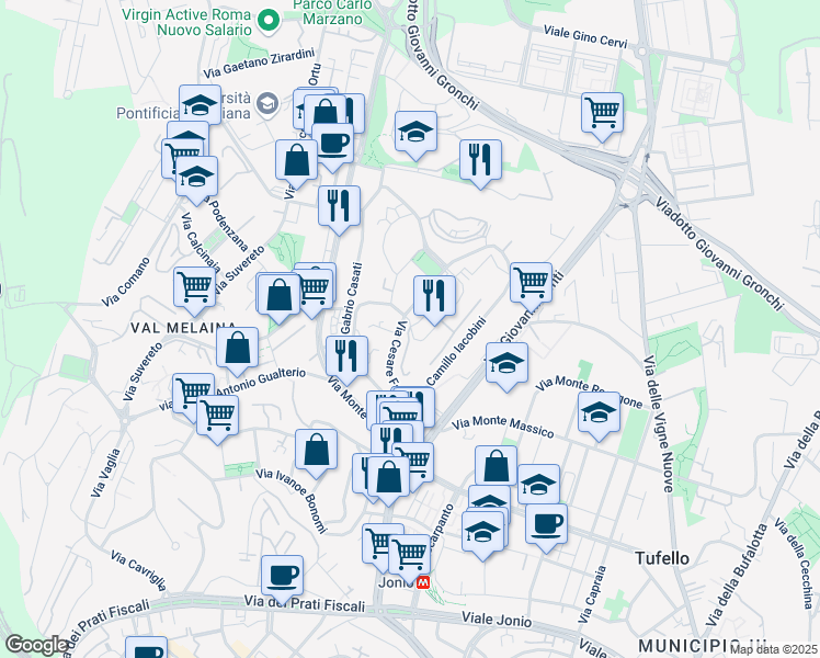 map of restaurants, bars, coffee shops, grocery stores, and more near 1 Via Giuseppe Romualdi in Rome