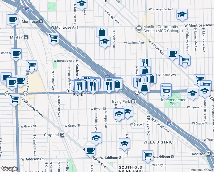 map of restaurants, bars, coffee shops, grocery stores, and more near 4019 North Tripp Avenue in Chicago