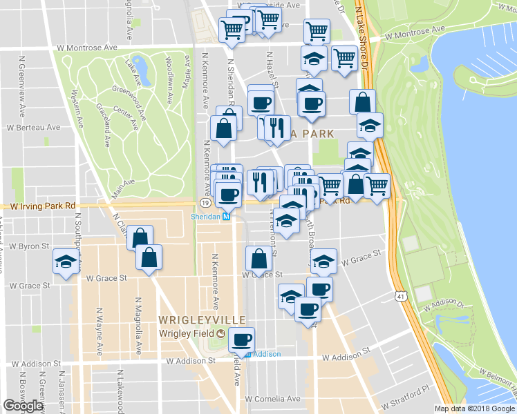 map of restaurants, bars, coffee shops, grocery stores, and more near 910 Irving Park Road in Chicago