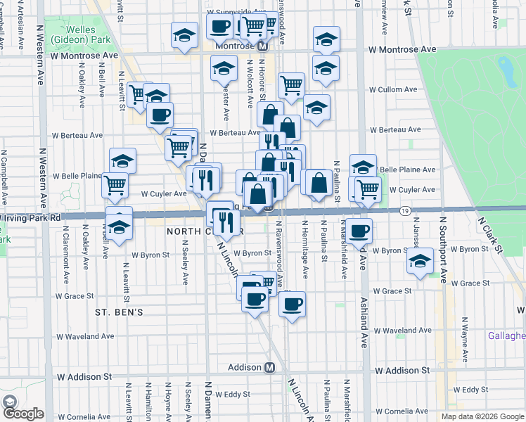 map of restaurants, bars, coffee shops, grocery stores, and more near 1817 West Cuyler Avenue in Chicago