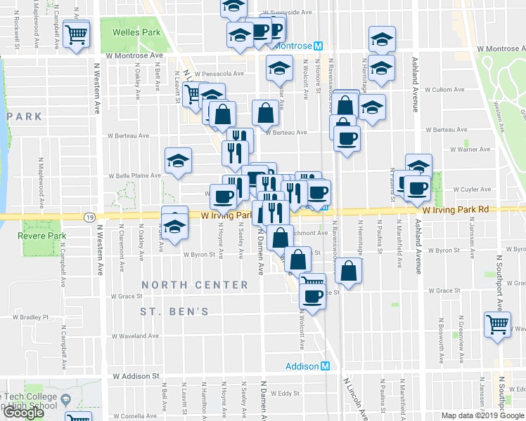 map of restaurants, bars, coffee shops, grocery stores, and more near 1939 West Cuyler Avenue in Chicago