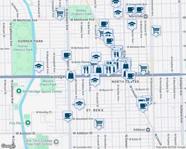 map of restaurants, bars, coffee shops, grocery stores, and more near 4001 North Leavitt Street in Chicago