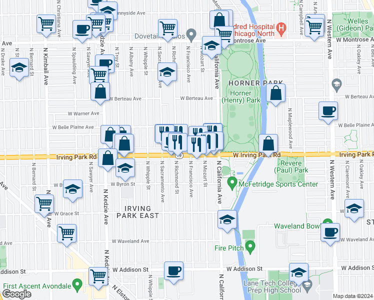 map of restaurants, bars, coffee shops, grocery stores, and more near 4031 North Francisco Avenue in Chicago