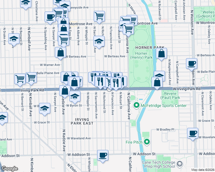 map of restaurants, bars, coffee shops, grocery stores, and more near 4032 North Richmond Street in Chicago
