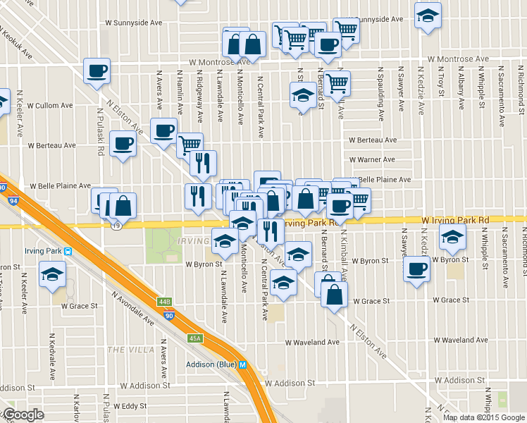 map of restaurants, bars, coffee shops, grocery stores, and more near 4039 North Monticello Avenue in Chicago
