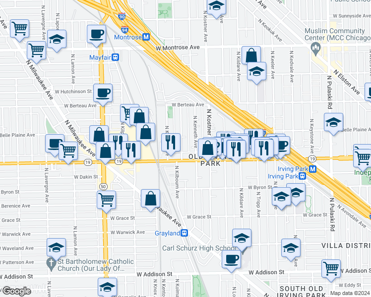 map of restaurants, bars, coffee shops, grocery stores, and more near 4048 North Kenneth Avenue in Chicago
