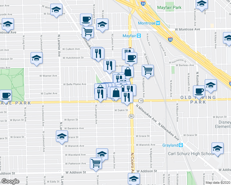 map of restaurants, bars, coffee shops, grocery stores, and more near 4080 North Milwaukee Avenue in Chicago