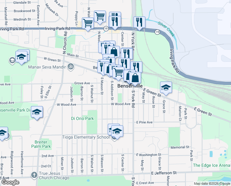 map of restaurants, bars, coffee shops, grocery stores, and more near 151 South Addison Street in Bensenville