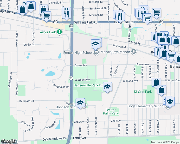 map of restaurants, bars, coffee shops, grocery stores, and more near 144 South Franzen Street in Bensenville