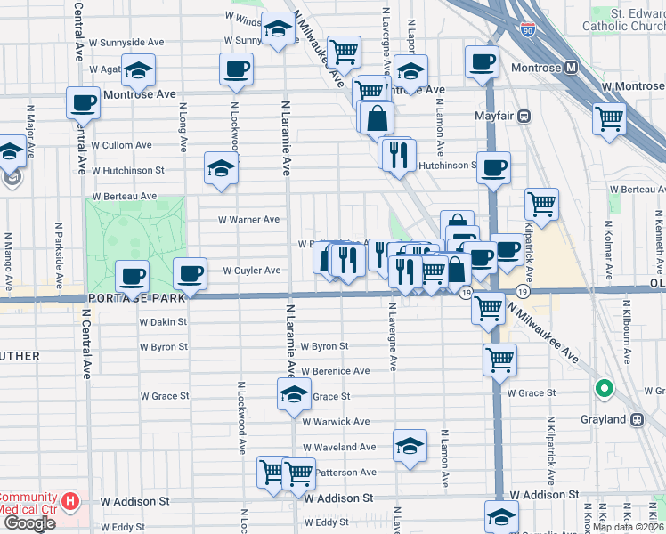 map of restaurants, bars, coffee shops, grocery stores, and more near 5051 West Belle Plaine Avenue in Chicago