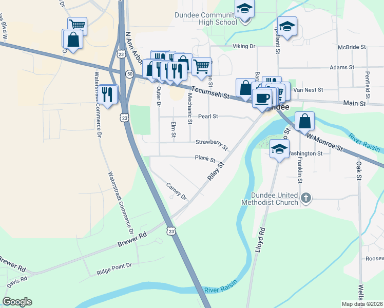 map of restaurants, bars, coffee shops, grocery stores, and more near 801 Strawberry Street in Dundee