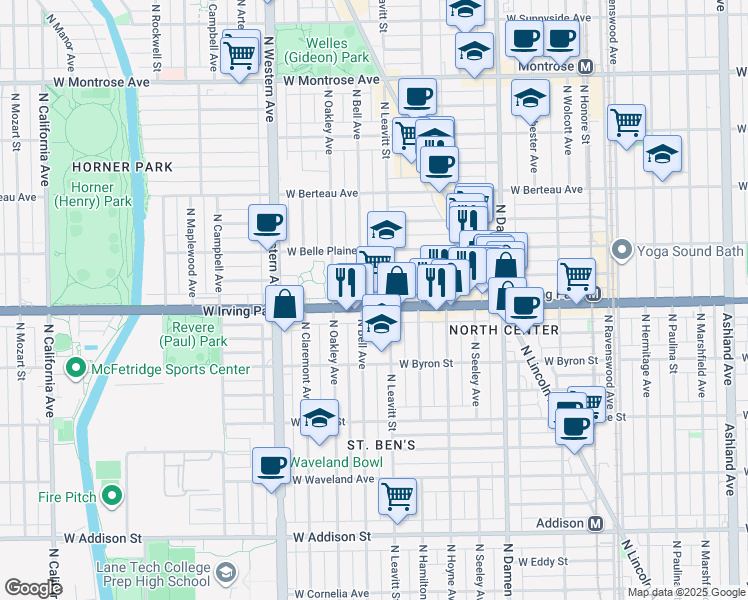 map of restaurants, bars, coffee shops, grocery stores, and more near 4001 North Leavitt Street in Chicago
