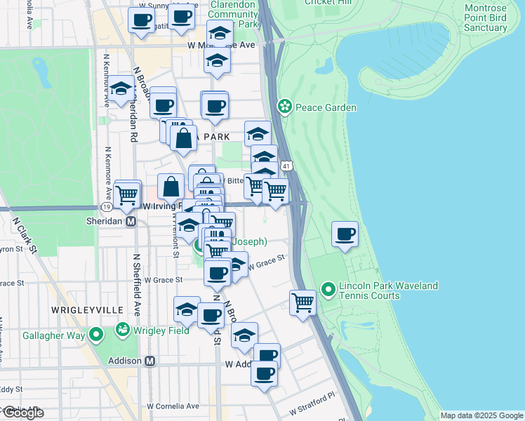 map of restaurants, bars, coffee shops, grocery stores, and more near 640 West Irving Park Road in Chicago