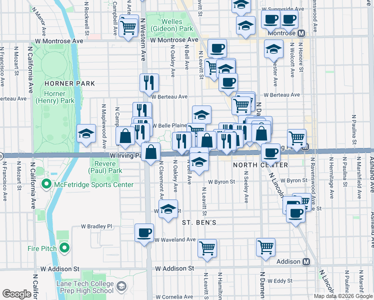 map of restaurants, bars, coffee shops, grocery stores, and more near 4004 North Bell Avenue in Chicago