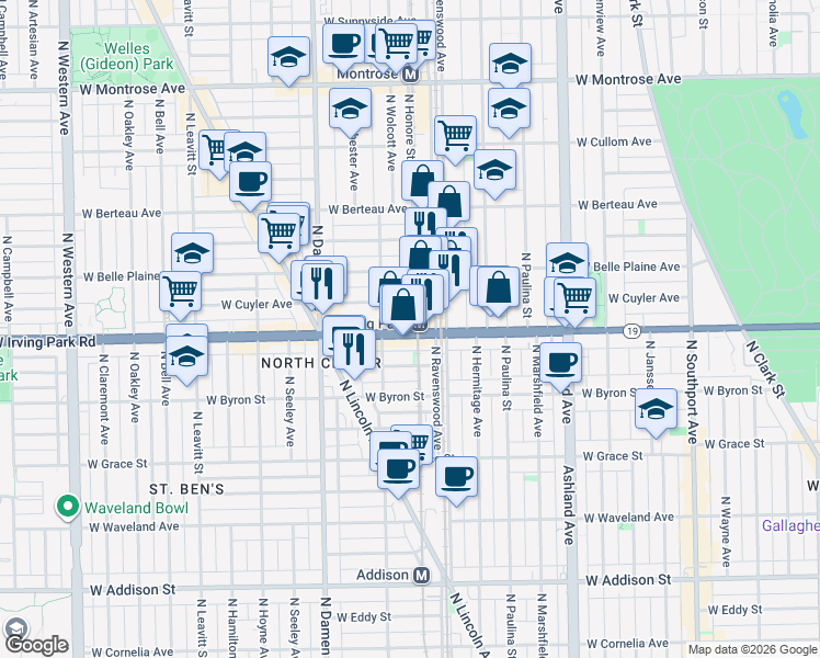 map of restaurants, bars, coffee shops, grocery stores, and more near 1817 West Cuyler Avenue in Chicago