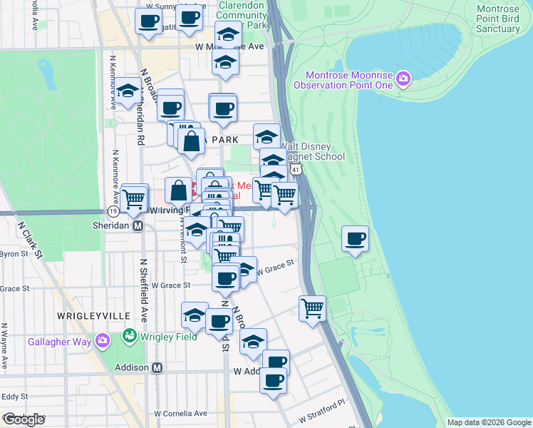 map of restaurants, bars, coffee shops, grocery stores, and more near 655 West Irving Park Road in Chicago