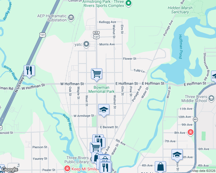 map of restaurants, bars, coffee shops, grocery stores, and more near 116 East Hoffman Street in Three Rivers