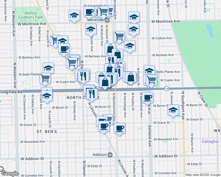 map of restaurants, bars, coffee shops, grocery stores, and more near 1812 West Irving Park Road in Chicago