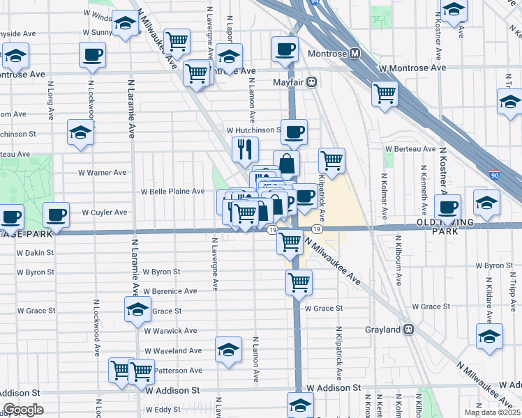 map of restaurants, bars, coffee shops, grocery stores, and more near 4905 West Cuyler Avenue in Chicago