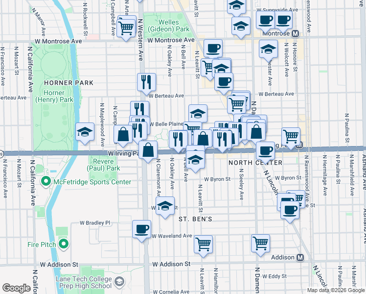 map of restaurants, bars, coffee shops, grocery stores, and more near 4004 North Bell Avenue in Chicago
