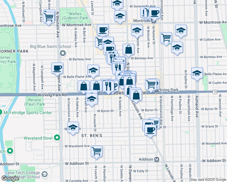 map of restaurants, bars, coffee shops, grocery stores, and more near 2052 West Irving Park Road in Chicago