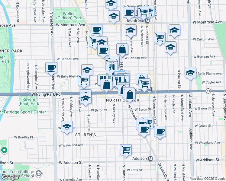 map of restaurants, bars, coffee shops, grocery stores, and more near 2032 West Irving Park Road in Chicago