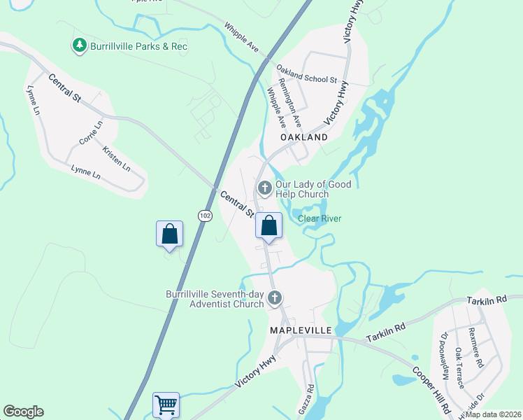 map of restaurants, bars, coffee shops, grocery stores, and more near 1063 Victory Highway in Burrillville