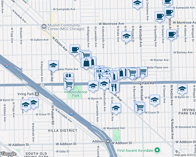 map of restaurants, bars, coffee shops, grocery stores, and more near 3669 West Belle Plaine Avenue in Chicago