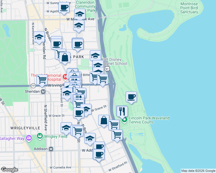 map of restaurants, bars, coffee shops, grocery stores, and more near 3950 North Lake Shore Drive in Chicago