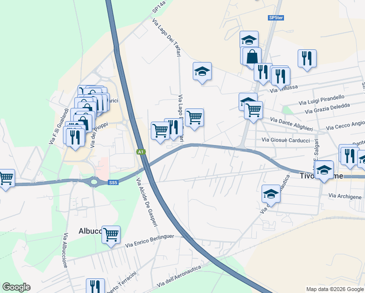 map of restaurants, bars, coffee shops, grocery stores, and more near Via Tiburtina Valeria in Province of Rome