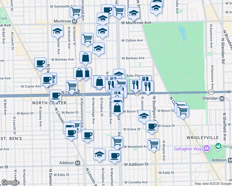 map of restaurants, bars, coffee shops, grocery stores, and more near 4001 North Ashland Avenue in Chicago