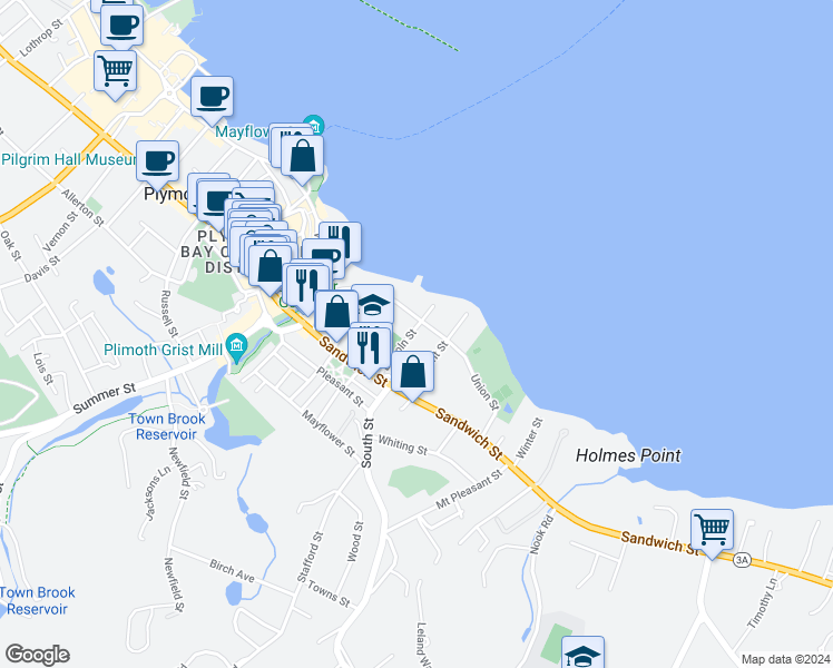 map of restaurants, bars, coffee shops, grocery stores, and more near 50 Union Street in Plymouth
