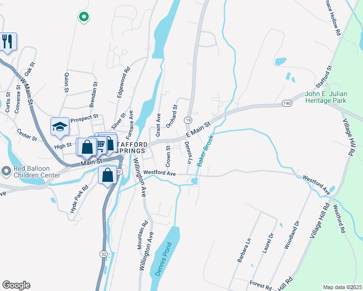 map of restaurants, bars, coffee shops, grocery stores, and more near 59 East Main Street in Stafford