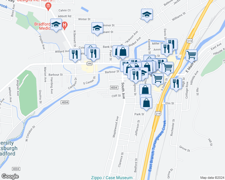 map of restaurants, bars, coffee shops, grocery stores, and more near 53 West Corydon Street in Bradford