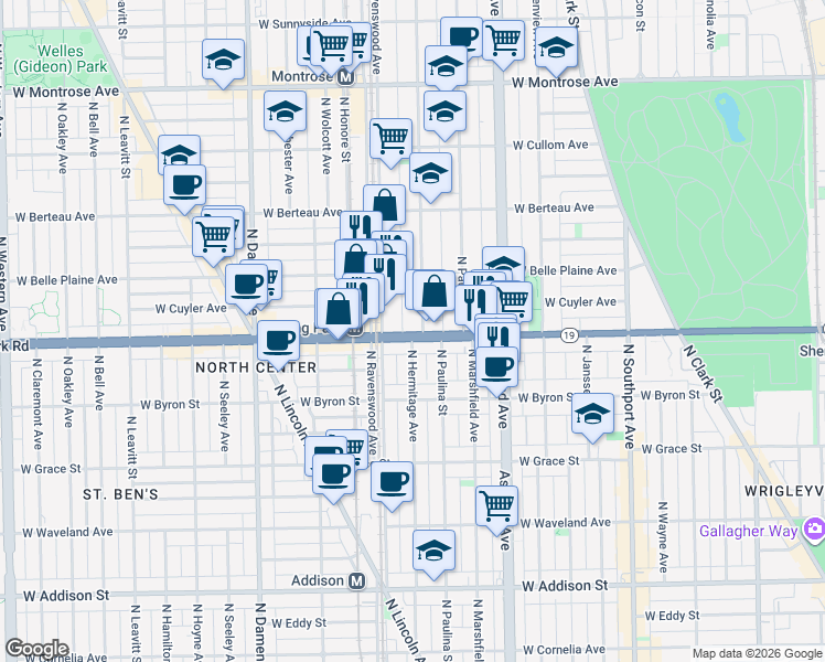 map of restaurants, bars, coffee shops, grocery stores, and more near 4021 North Hermitage Avenue in Chicago