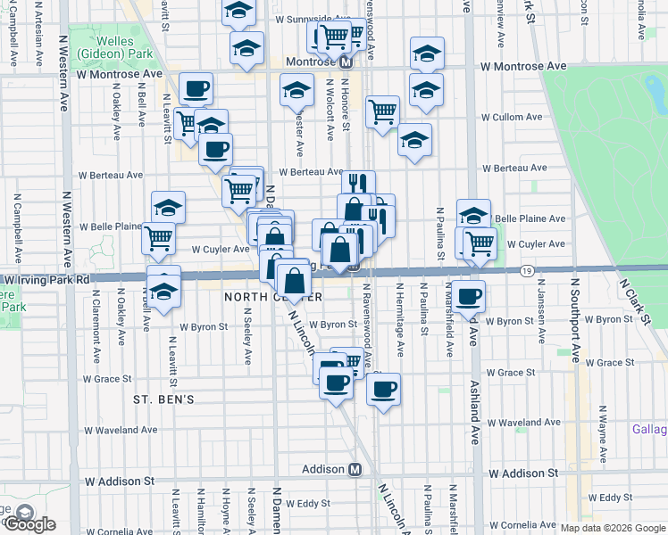 map of restaurants, bars, coffee shops, grocery stores, and more near 1844 West Irving Park Road in Chicago