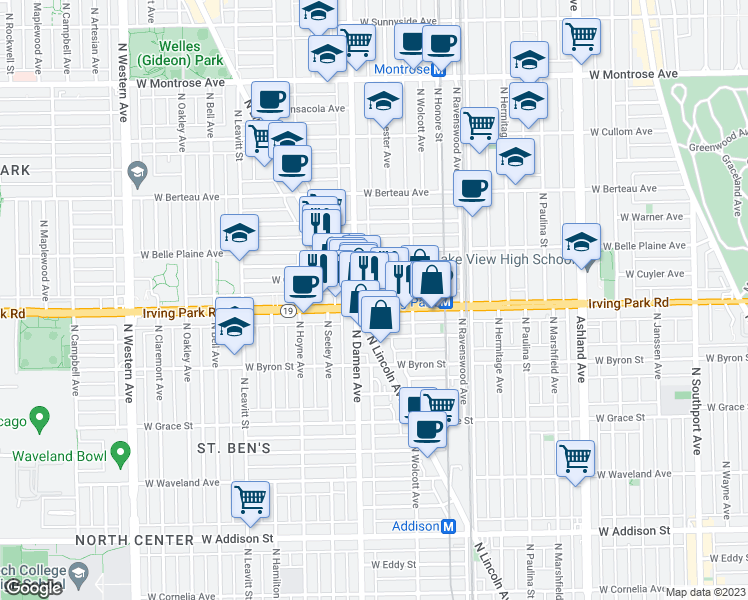 map of restaurants, bars, coffee shops, grocery stores, and more near 1939 West Cuyler Avenue in Chicago