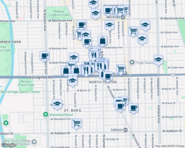 map of restaurants, bars, coffee shops, grocery stores, and more near 2057 West Cuyler Avenue in Chicago